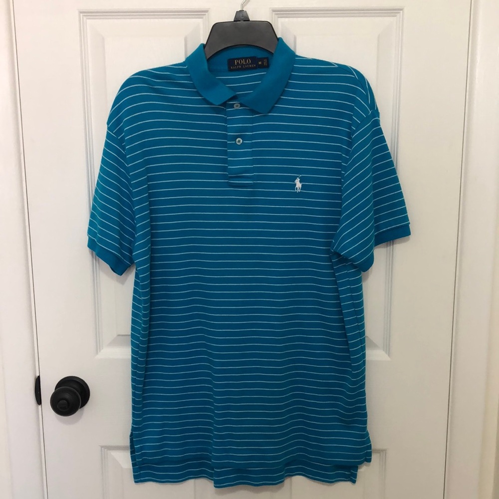 Mens Polo Ralph Lauren Stripe Blue Polo Shirt - Size Medium